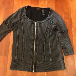 Grey Knit Acid Wash Zip Cropped Sweater